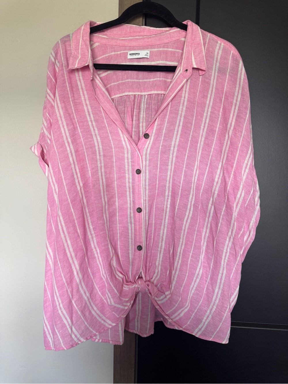 Sonoma Pink and White Striped Button-Front Tie-Hem Shirt